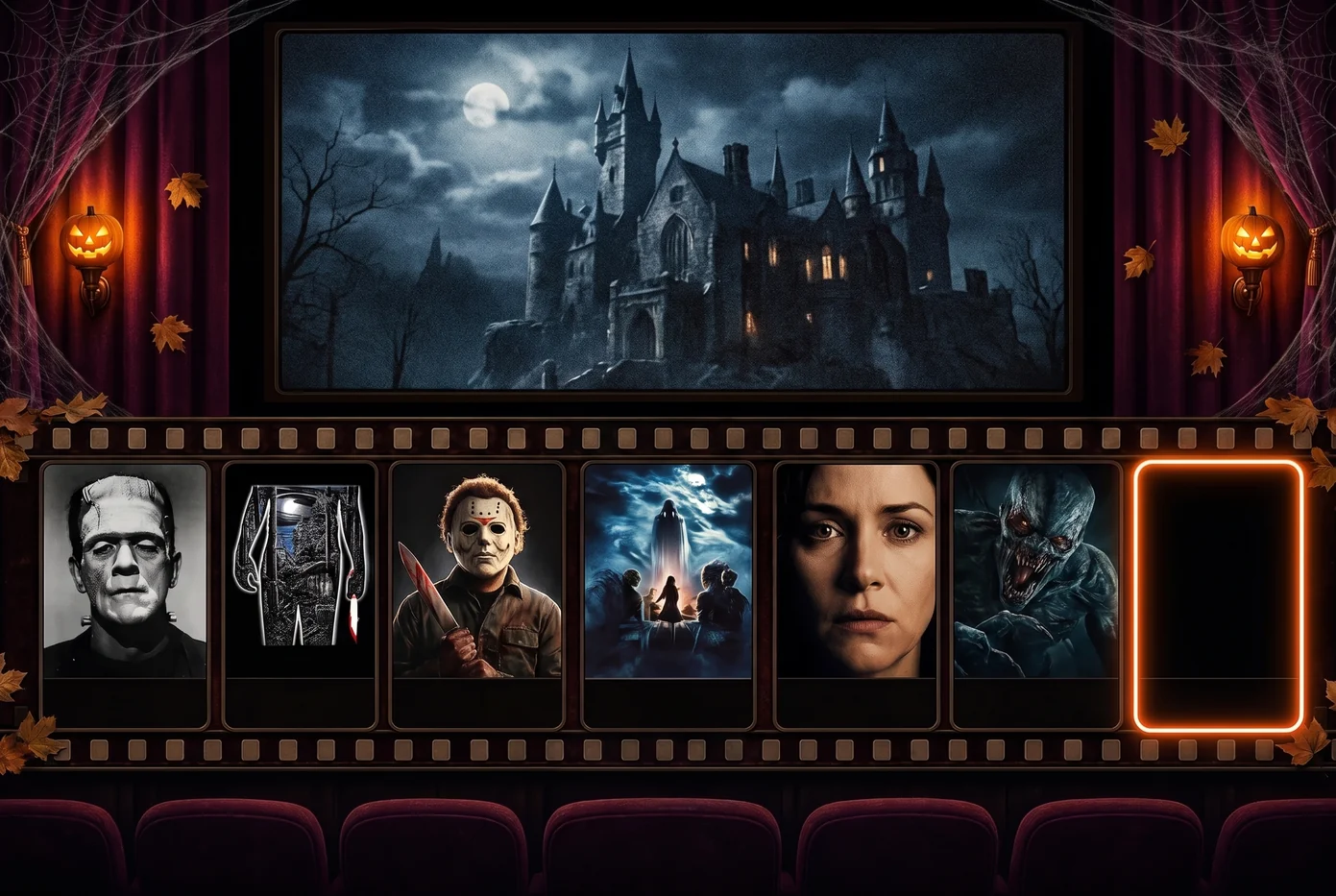 Inside a Halloween cinema: a trailer plays on the screen between velvet curtains and pumpkin sconces, while a filmstrip of horror stills runs below it