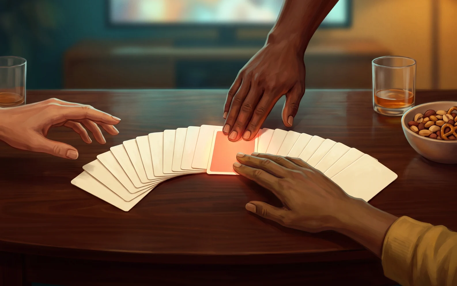 Hands reaching for a fan of blank cards, one coral card lit in the middle