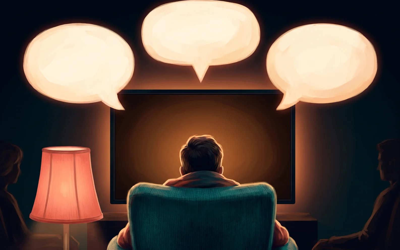 Someone in a teal armchair facing a glowing television, three empty speech bubbles above