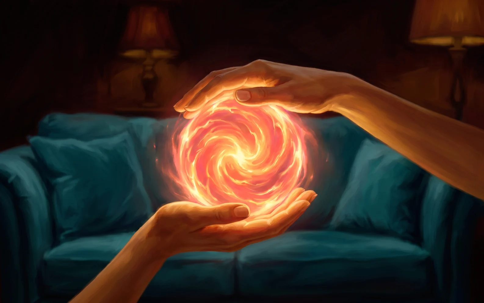 Two hands holding a molten ball of coral-gold light in front of a teal sofa