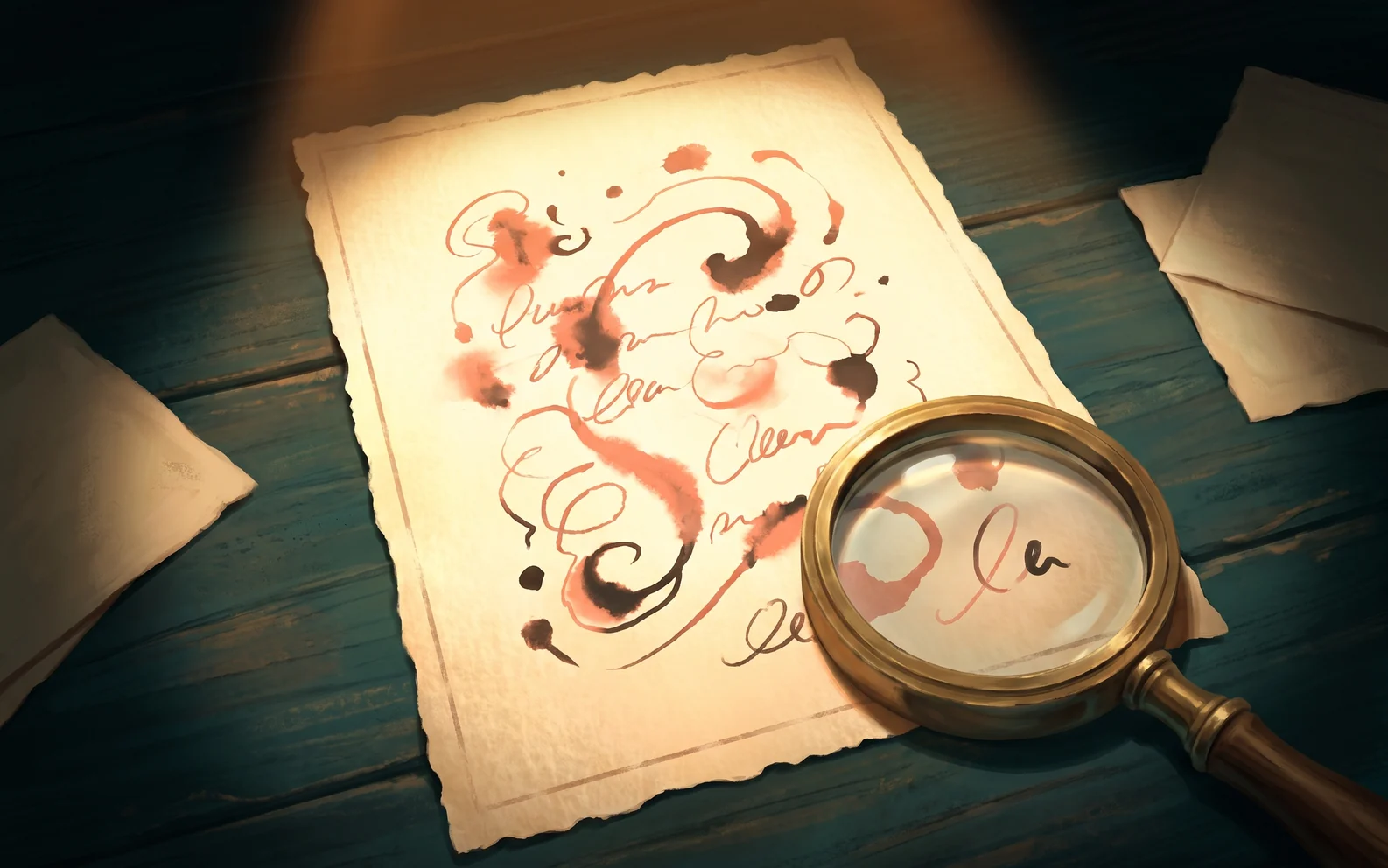 A cream note in a spotlight on a teal table, with a magnifying glass beside it