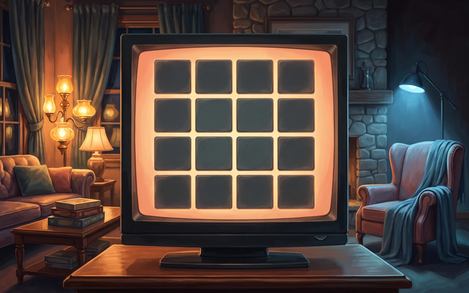 A television showing a blank sixteen-tile grid, one armchair in cooler light to the side