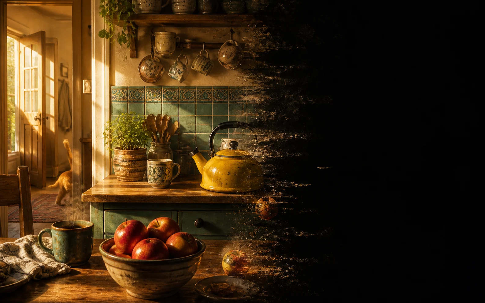 A detailed kitchen photograph being wiped to black from the right: yellow kettle, red apples, a cat's tail in a doorway
