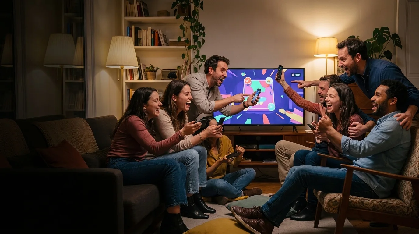 A room full of friends laughing and cheering while playing a party game together on a television, each holding their own phone