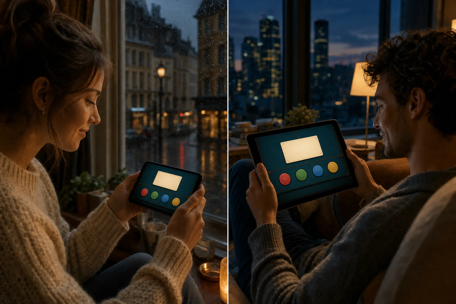 People in different cities playing Call the Room with strangers on their own screens