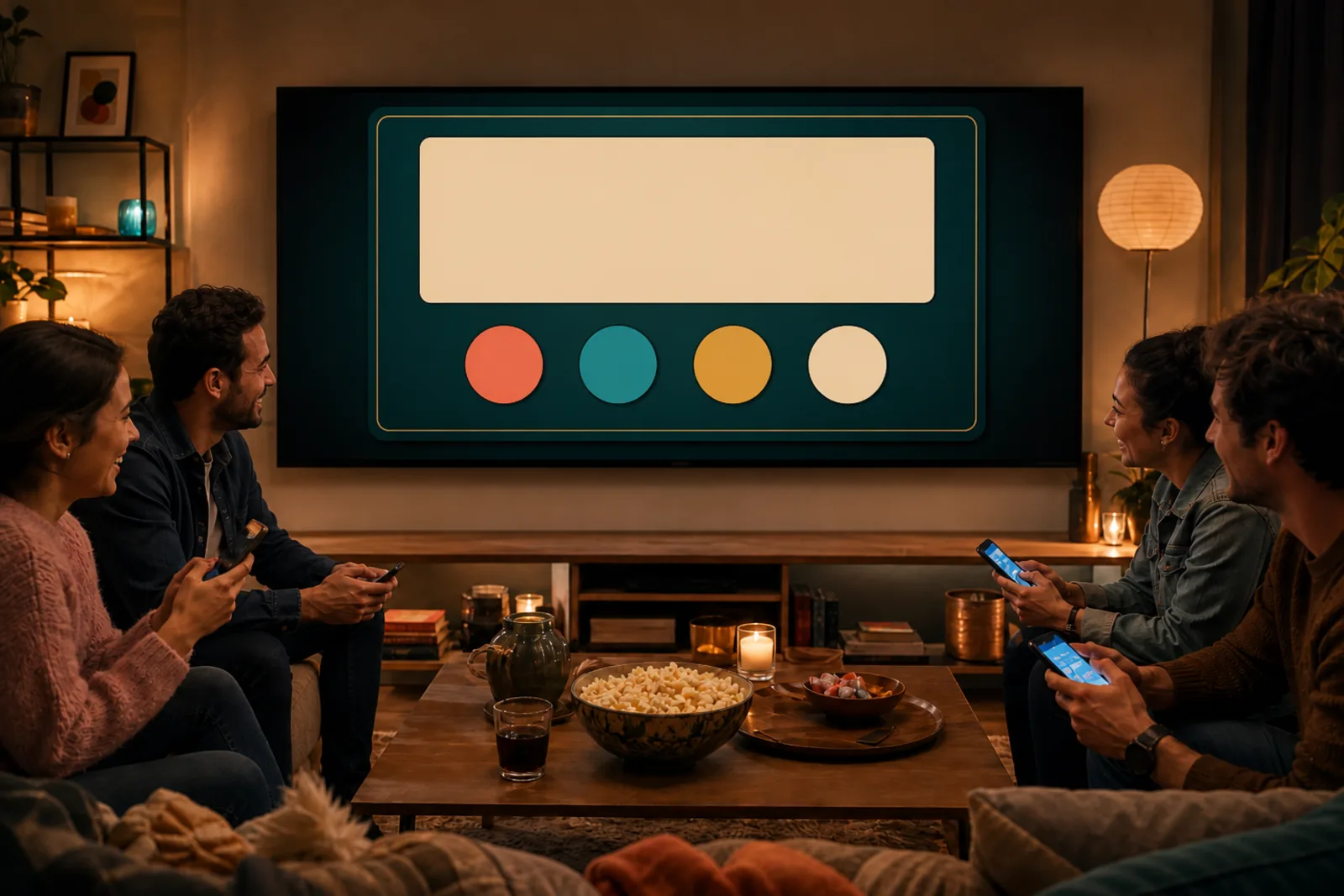 Friends playing Call the Room on a television they can all see, each with a phone