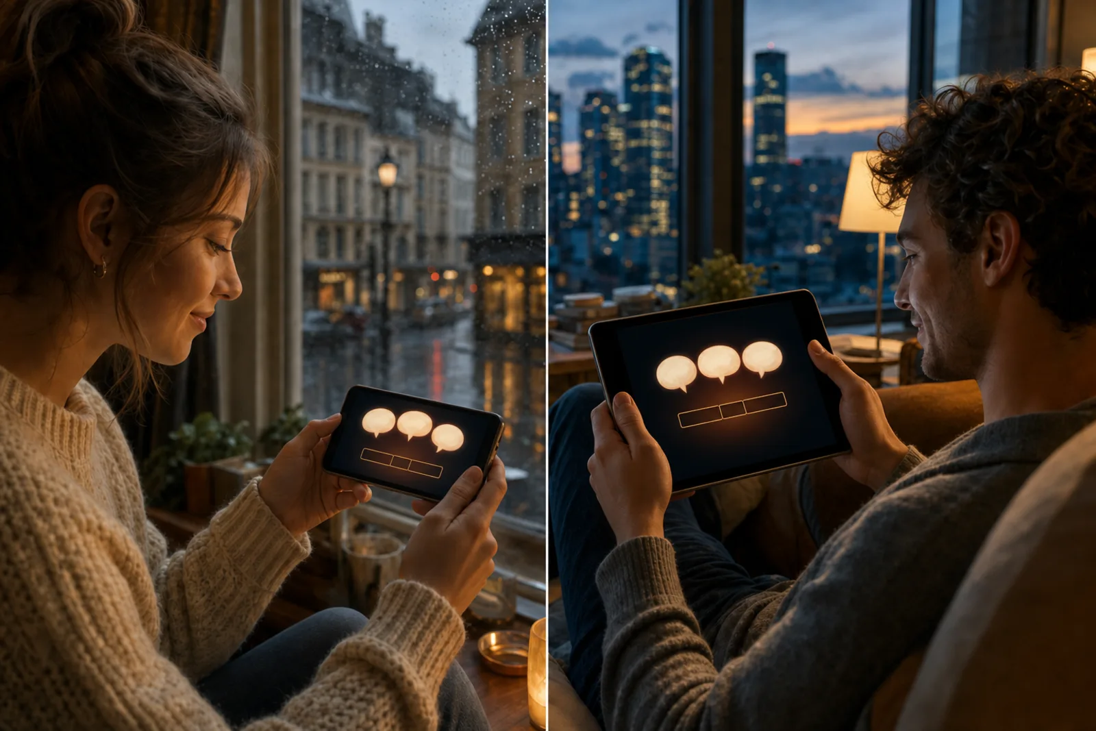 People in different cities playing In Other Words with strangers on their own screens