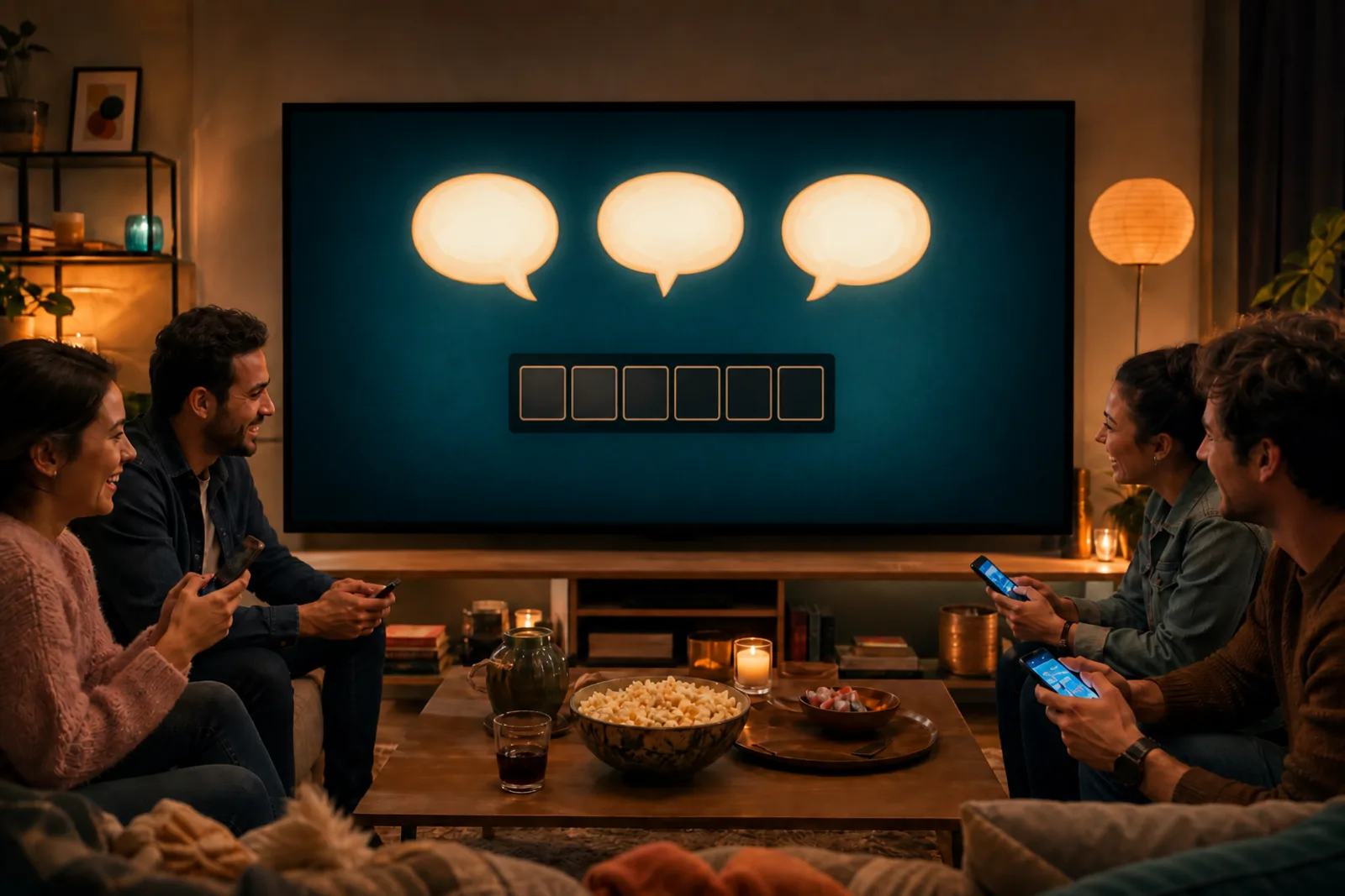 Friends playing In Other Words on a television they can all see, each with a phone