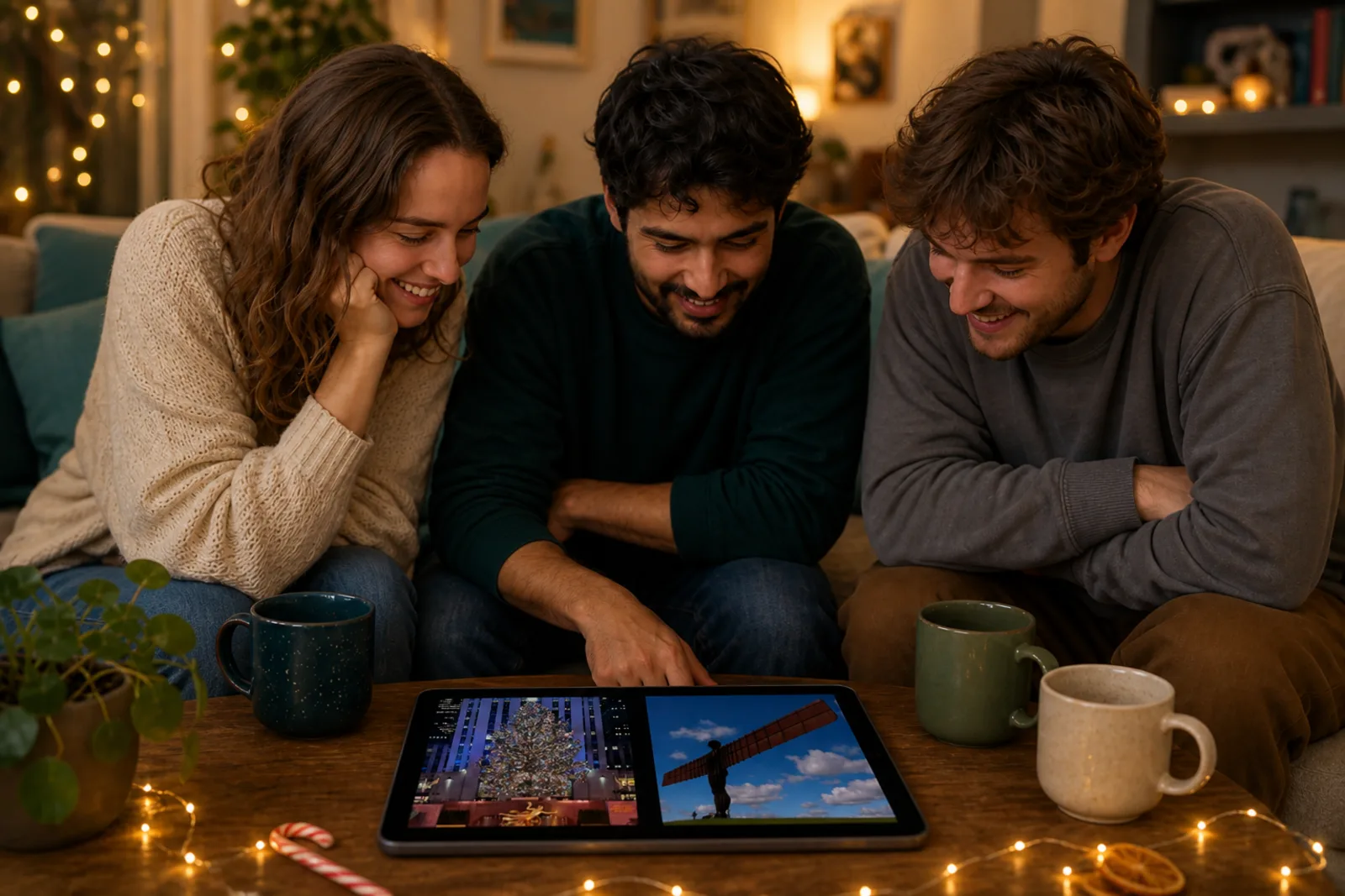 Friends gathered around one tablet playing More or Less: Christmas