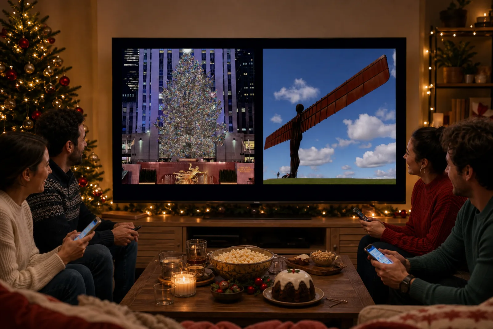 Friends playing More or Less: Christmas on a television they can all see, each with a phone