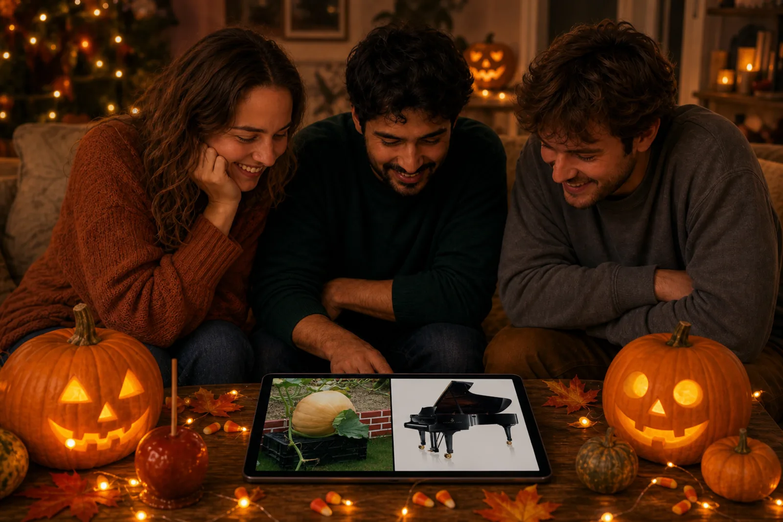 Friends gathered around one tablet playing More or Less: Halloween