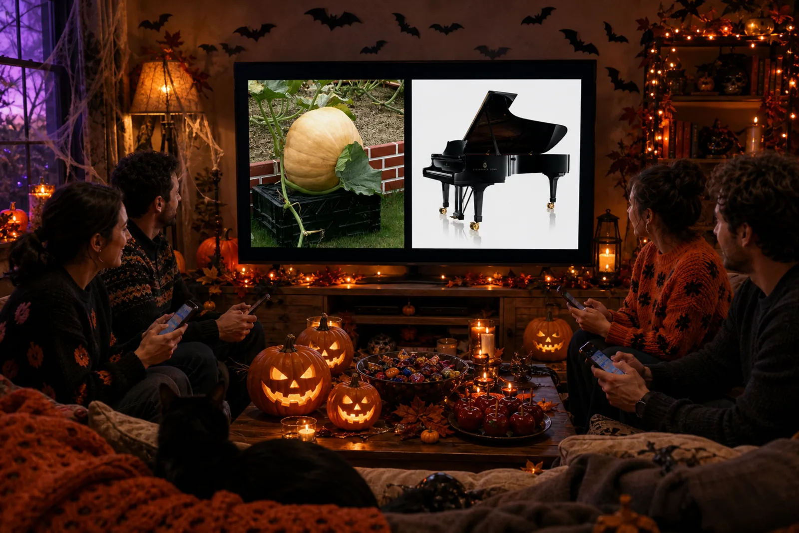 Friends playing More or Less: Halloween on a television they can all see, each with a phone