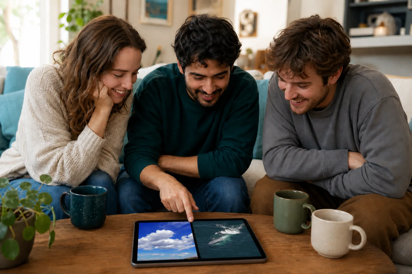 Friends gathered around one tablet playing More or Less: Mixed Bag