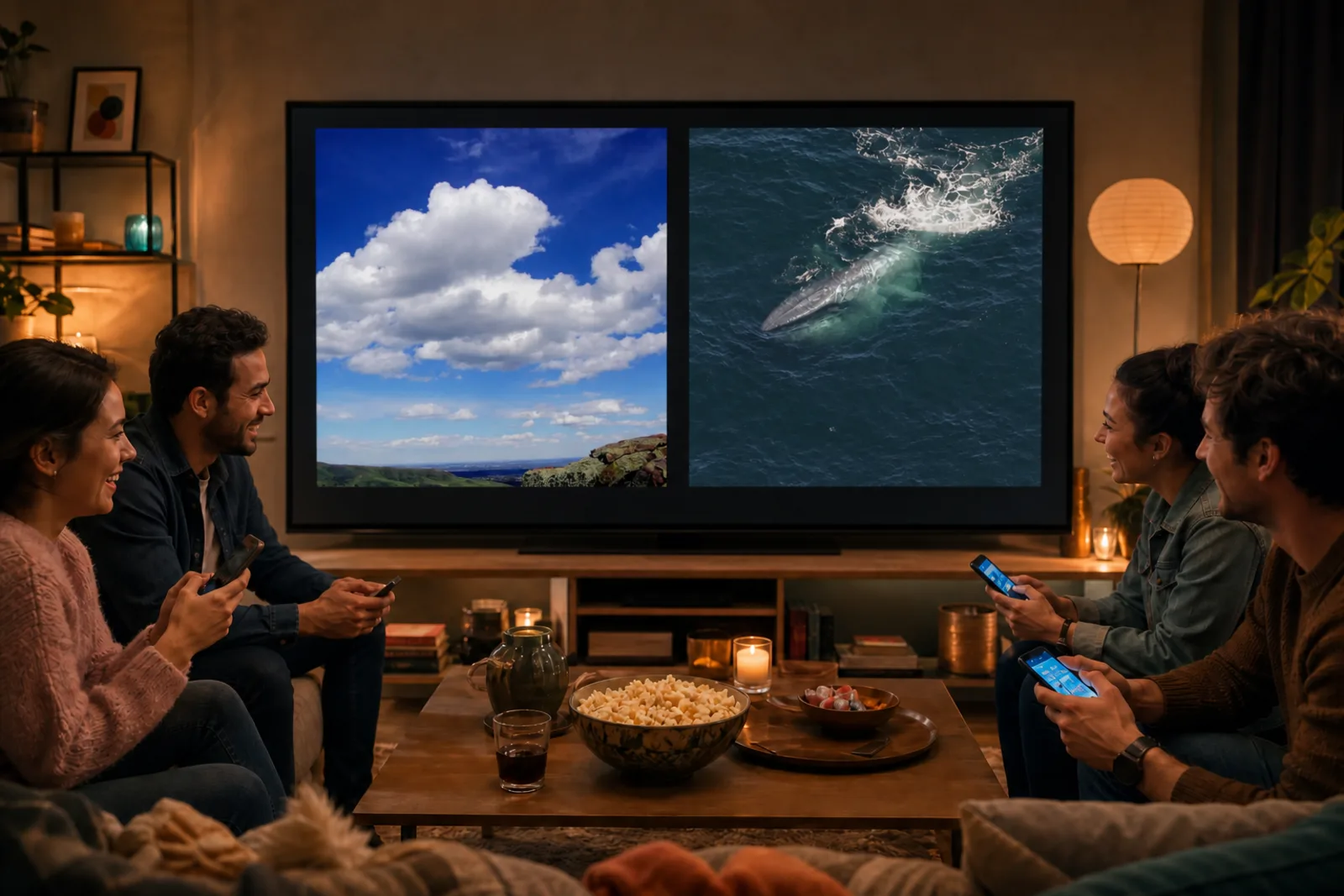 Friends playing More or Less: Mixed Bag on a television they can all see, each with a phone