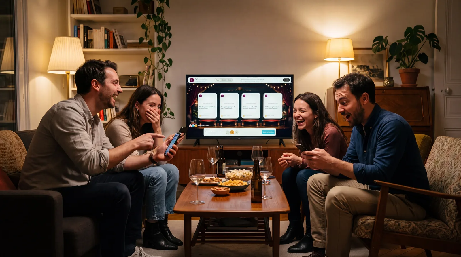 Four friends playing Call the Room together on a television and their phones