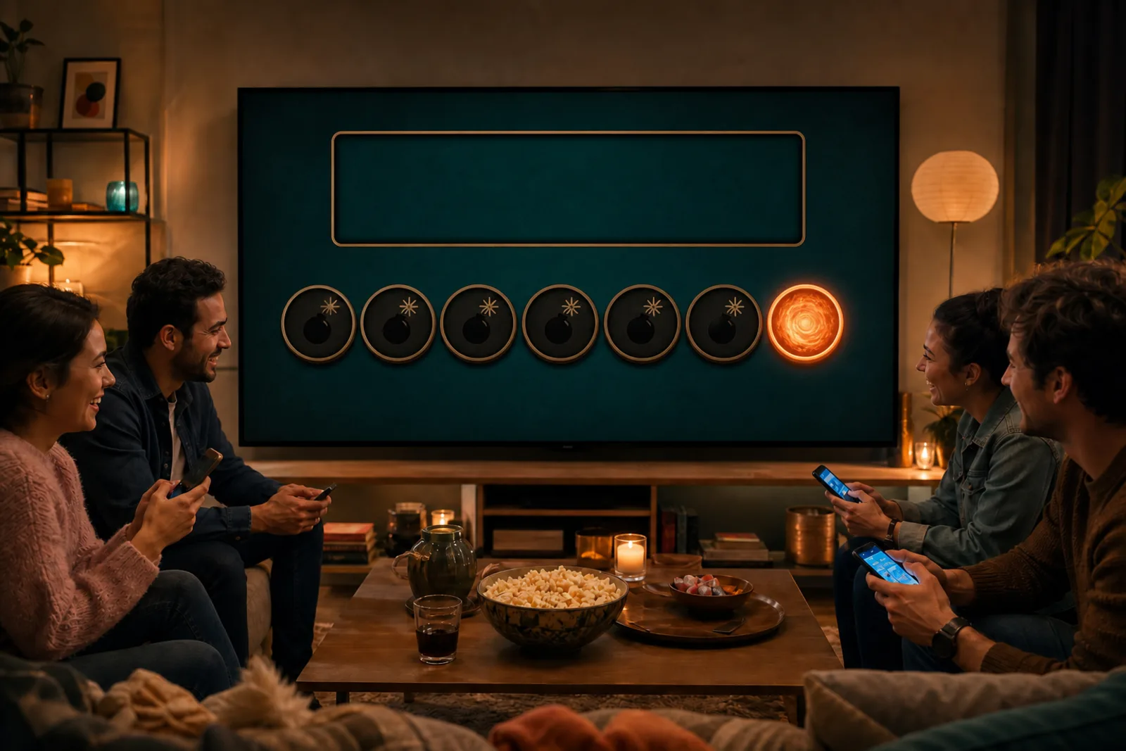 Friends playing Short Fuse on a television they can all see, each with a phone
