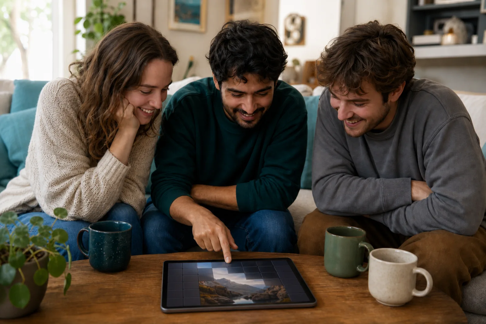 Friends gathered around one tablet playing Slow Reveal: Everyday Things