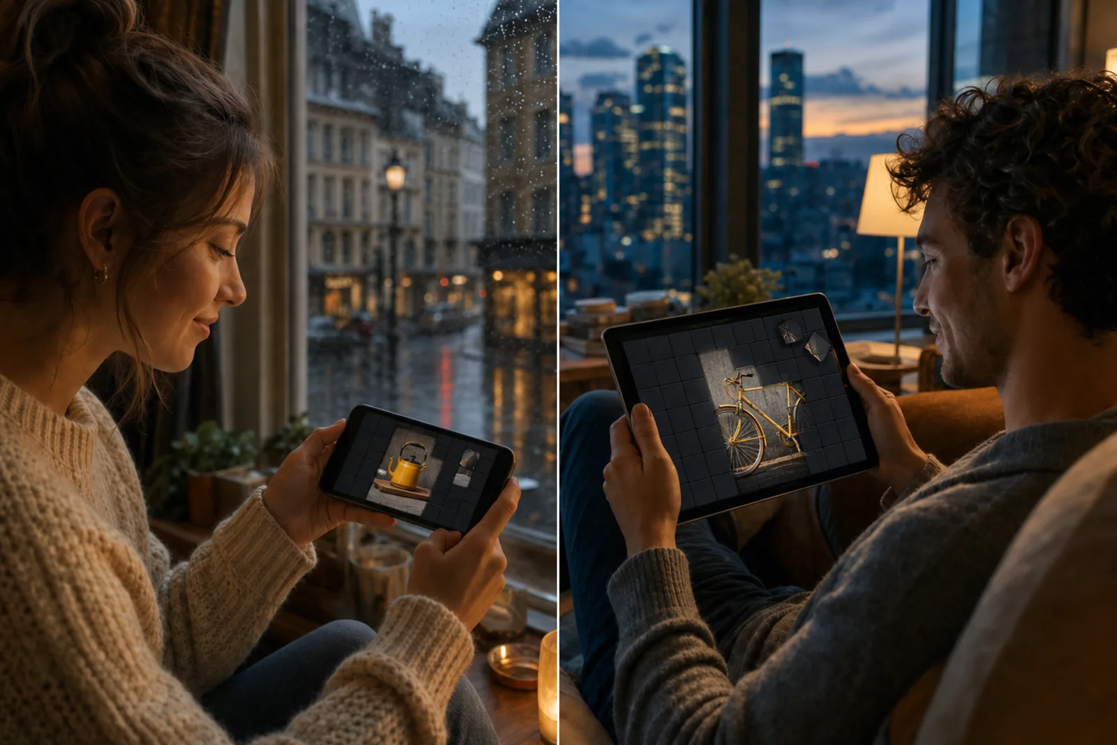 People in different cities playing Slow Reveal: Everyday Things with strangers on their own screens