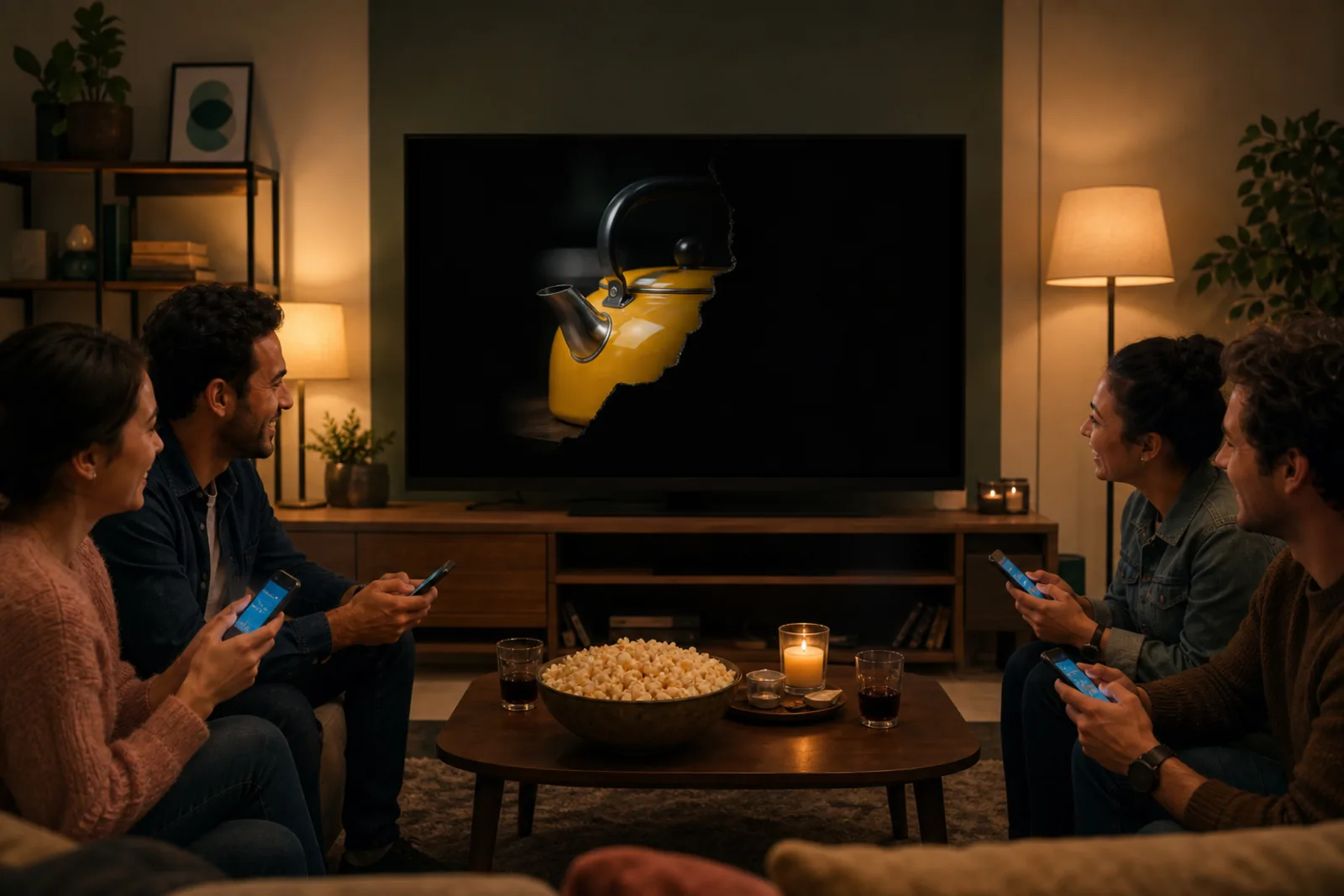 Friends playing Slow Reveal: Everyday Things on a television they can all see, each with a phone