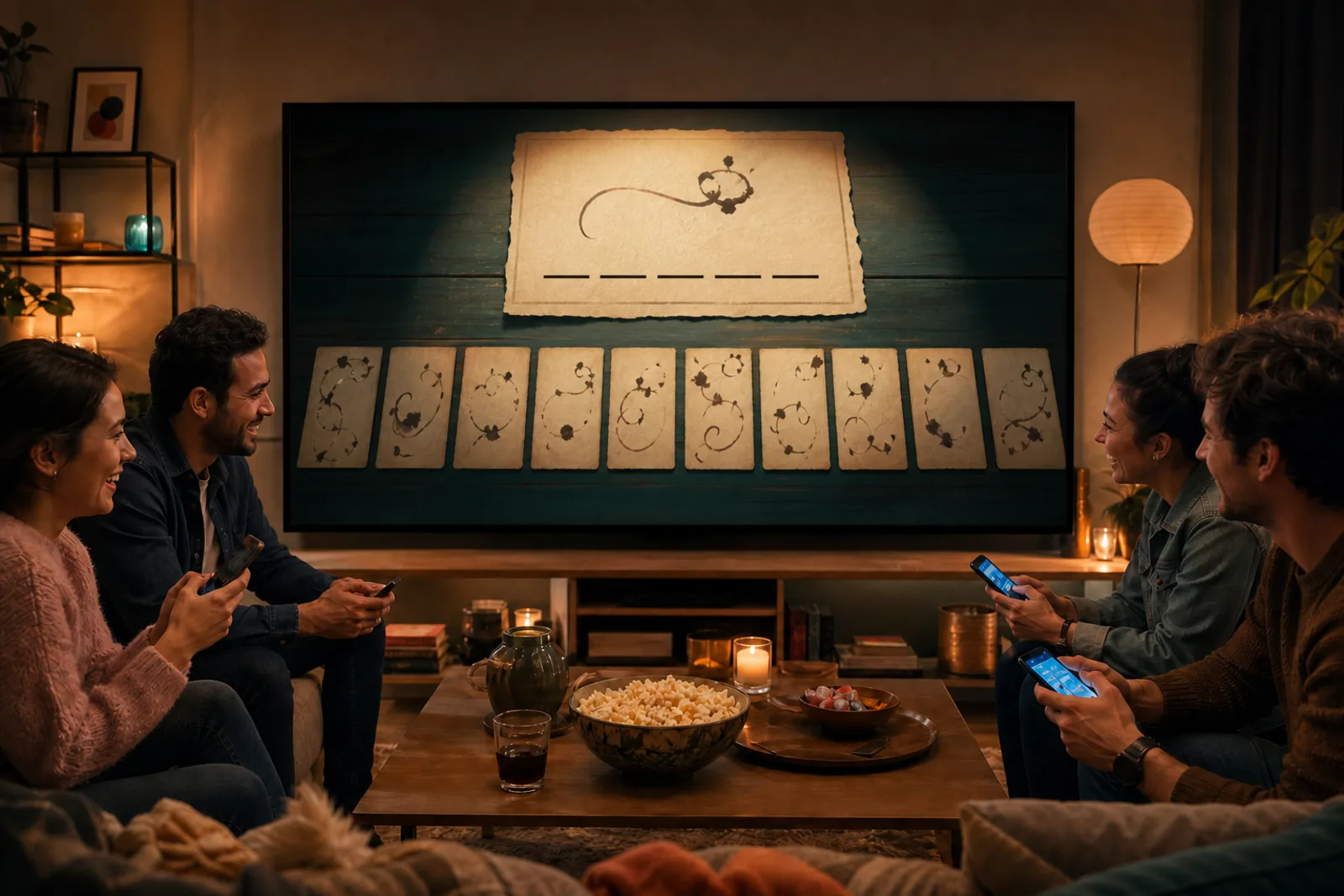 Friends playing So They Say on a television they can all see, each with a phone
