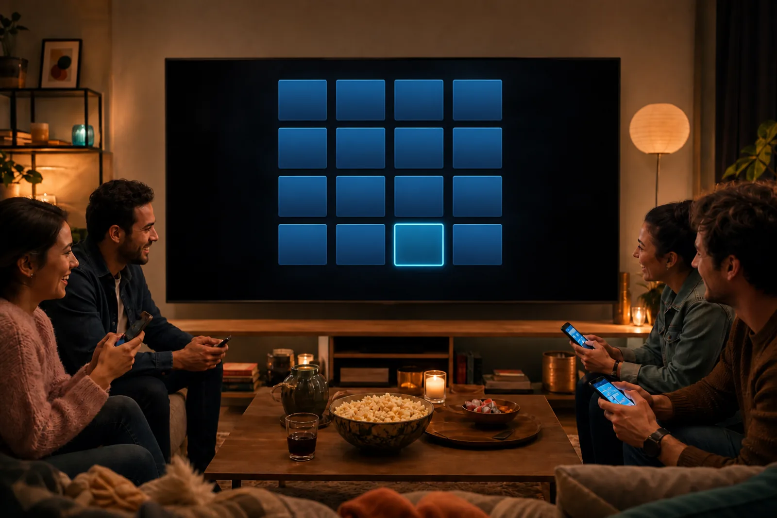 Friends playing The Spy in the Room on a television they can all see, each with a phone