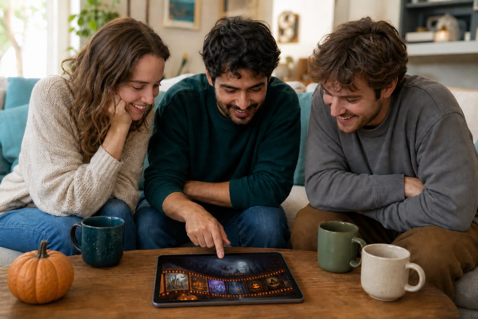Friends gathered around one tablet playing Timeliner: Halloween Movies