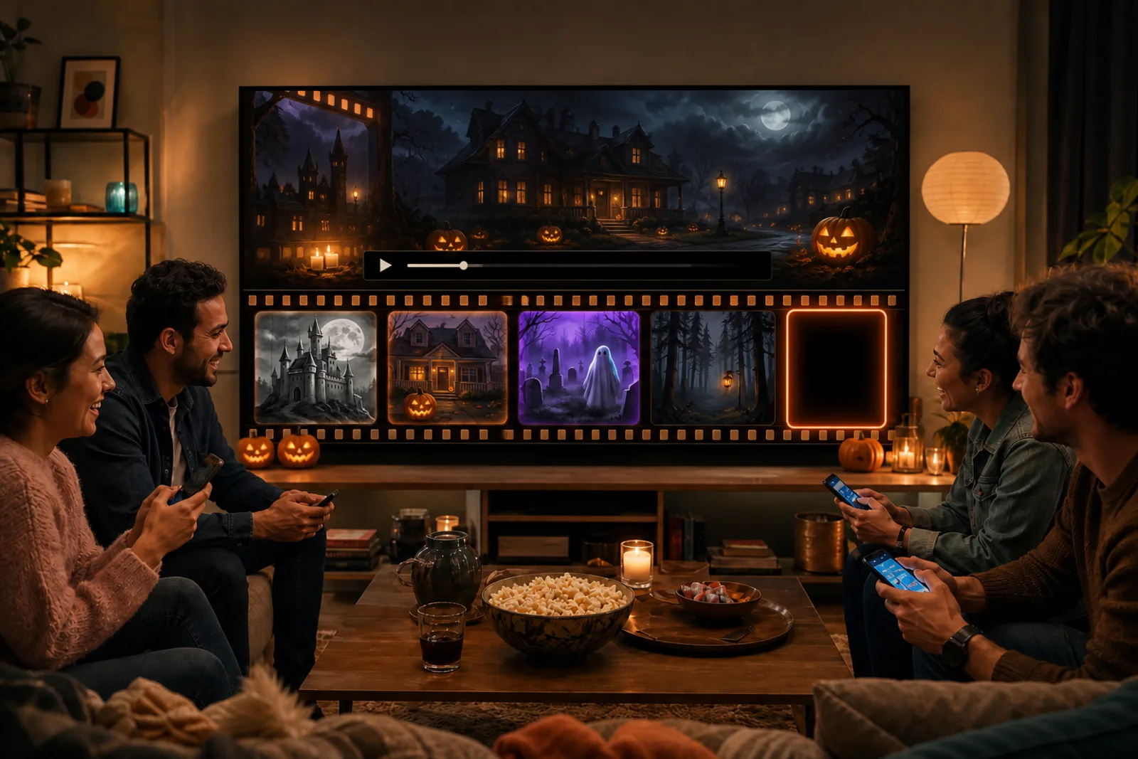 Friends playing Timeliner: Halloween Movies on a television they can all see, each with a phone
