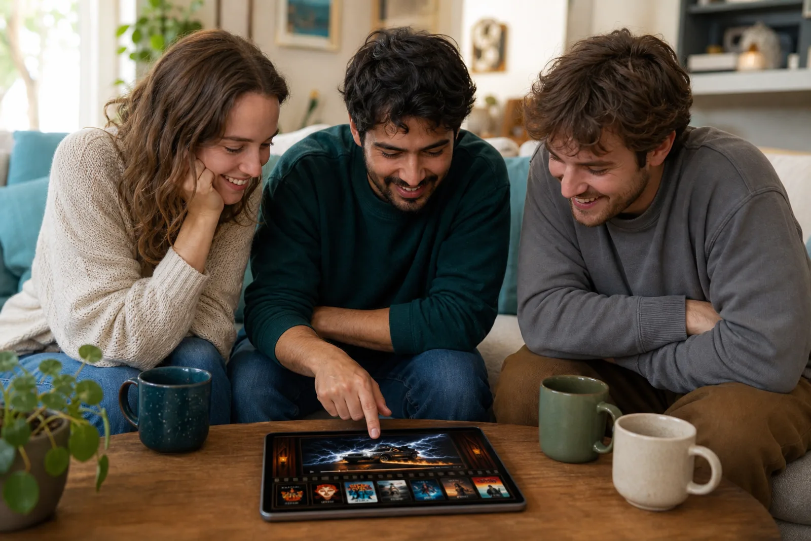Friends gathered around one tablet playing Timeliner: Movies