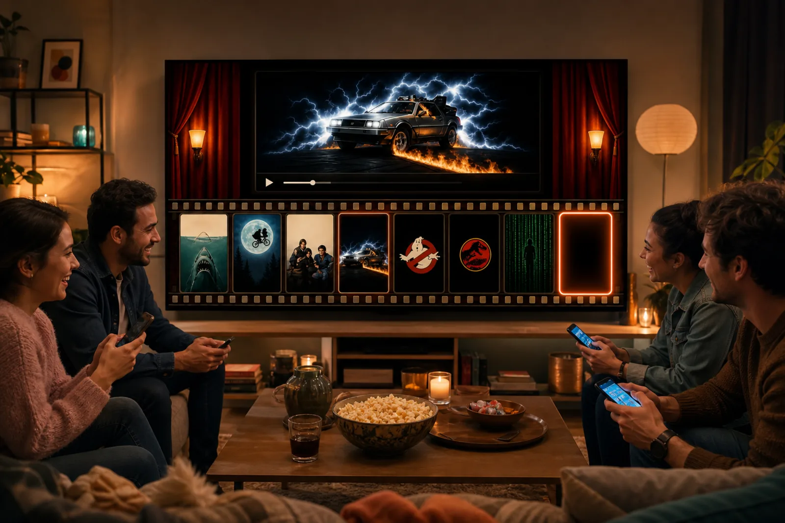 Friends playing Timeliner: Movies on a television they can all see, each with a phone