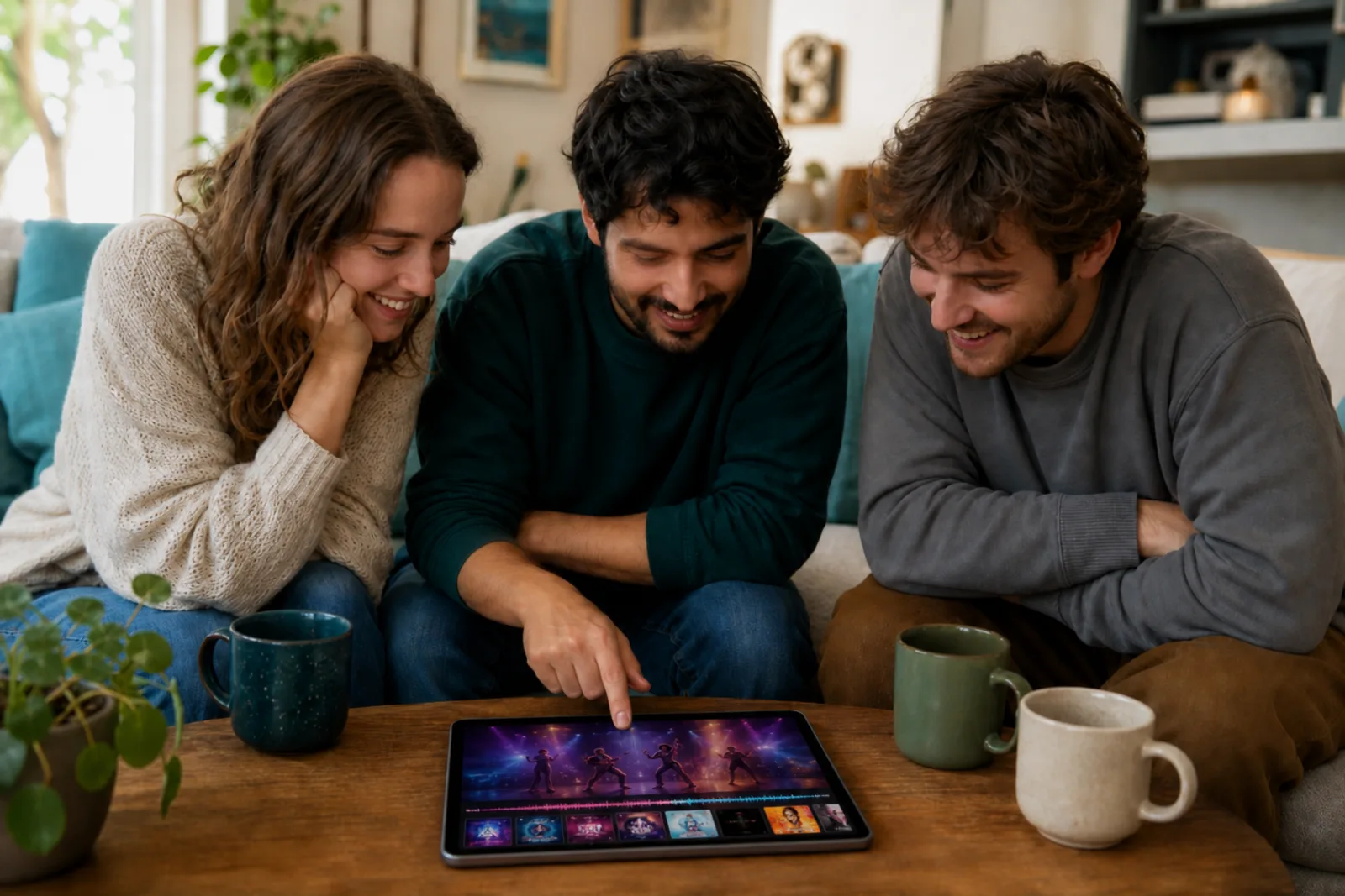 Friends gathered around one tablet playing Timeliner: Music