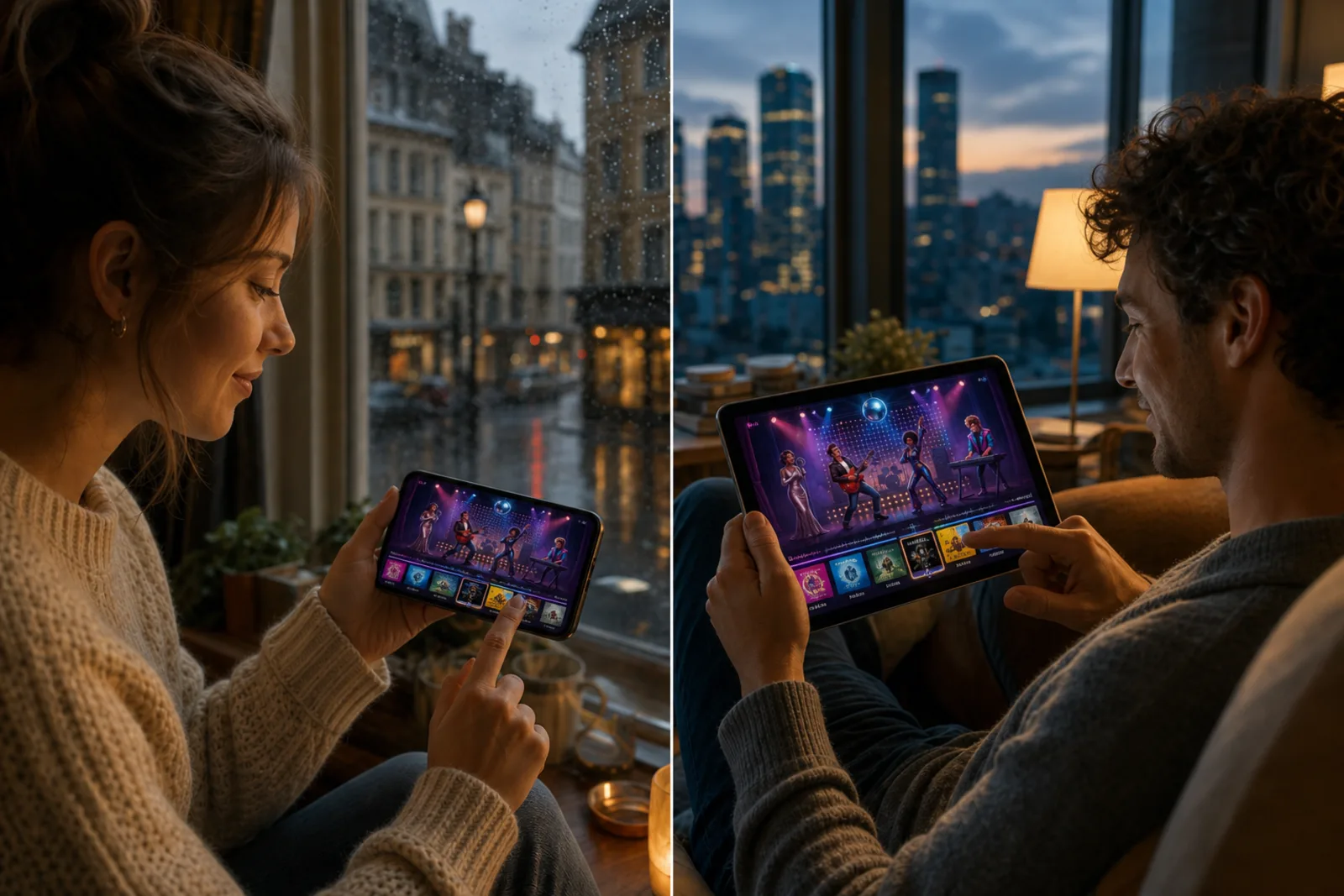 People in different cities playing Timeliner: Music with strangers on their own screens