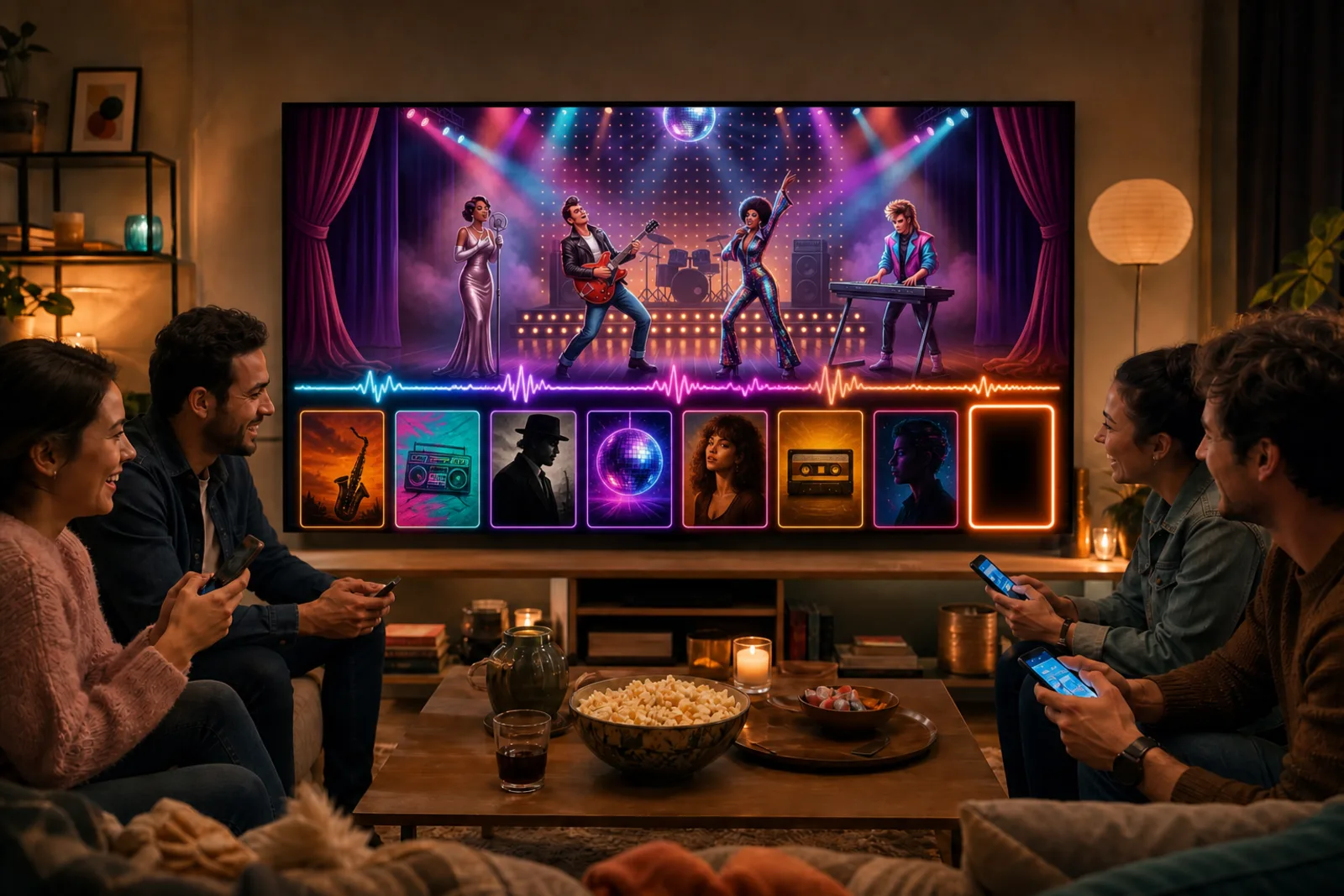 Friends playing Timeliner: Music on a television they can all see, each with a phone