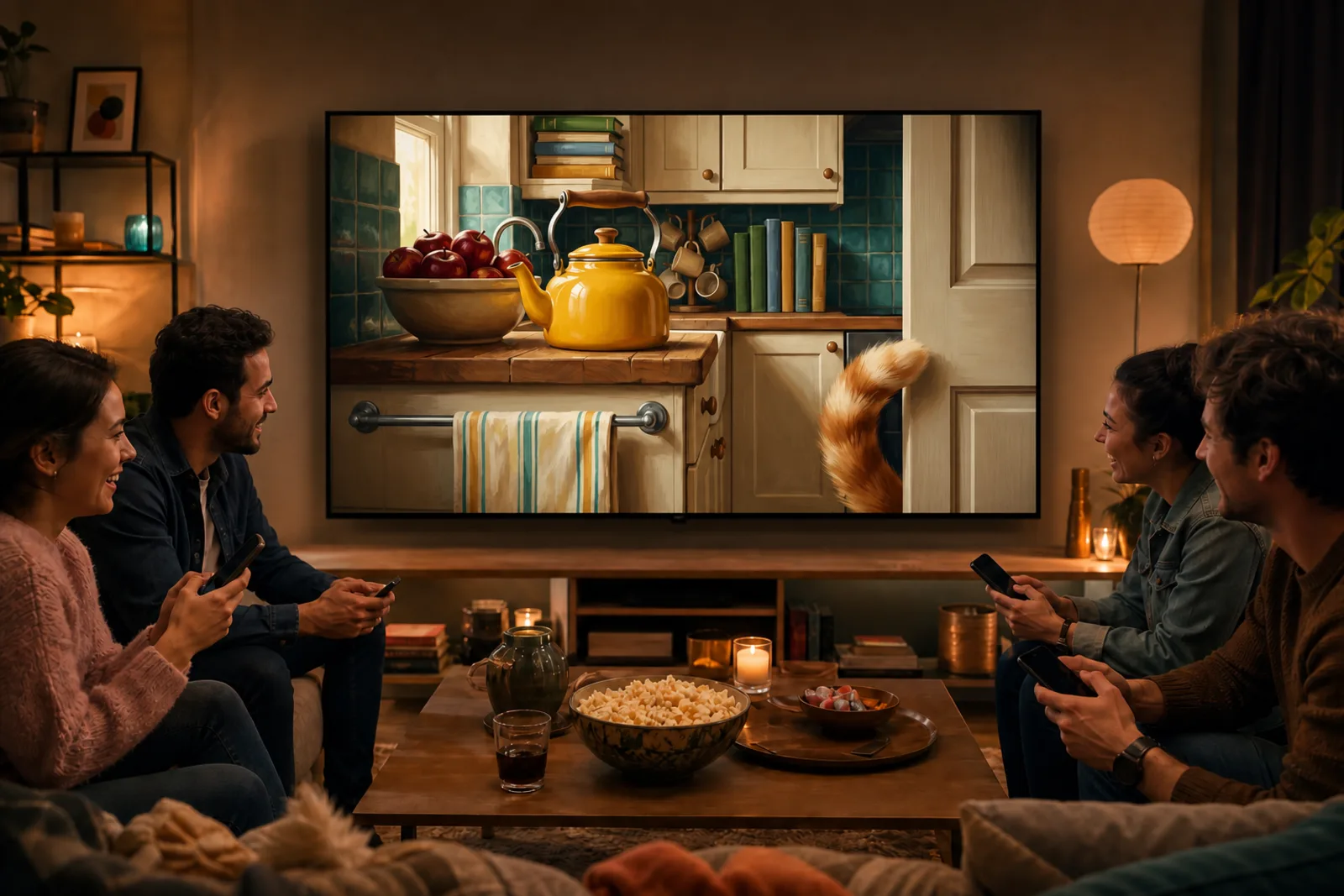 Friends playing Who Noticed on a television they can all see, each with a phone